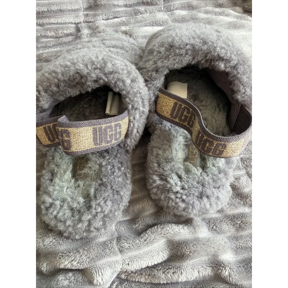 UGG Fluff Yeah Slide Shoes Youth Size 4 Gray Fuzzy Slingback Slippers